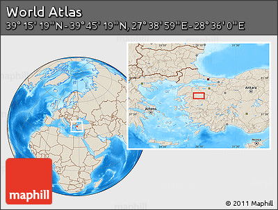Shaded Relief Location Map of the Area around 39° 30' 19" N, 28° 7' 30" E