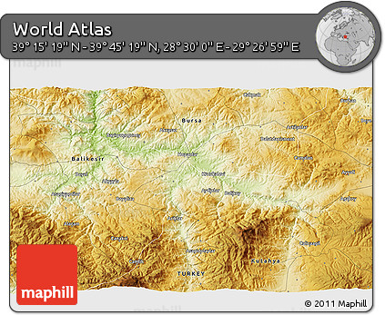 Physical 3D Map of the Area around 39° 30' 19" N, 28° 58' 30" E