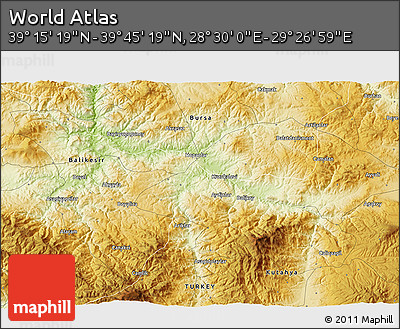 Physical 3D Map of the Area around 39° 30' 19" N, 28° 58' 30" E