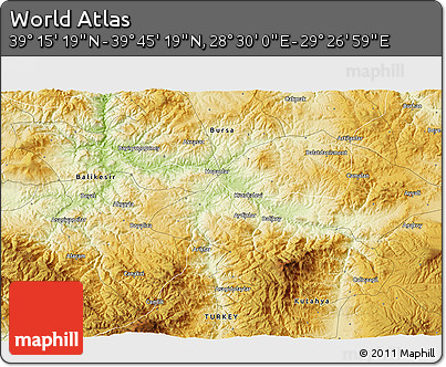Physical 3D Map of the Area around 39° 30' 19" N, 28° 58' 30" E