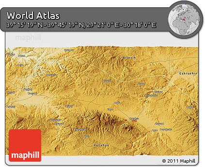 Physical 3D Map of the Area around 39° 30' 19" N, 29° 49' 30" E