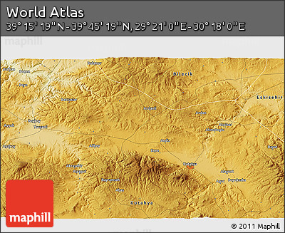Physical 3D Map of the Area around 39° 30' 19" N, 29° 49' 30" E