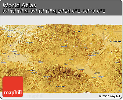 Physical 3D Map of the Area around 39° 30' 19" N, 29° 49' 30" E