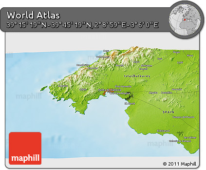 Physical 3D Map of the Area around 39° 30' 19" N, 2° 37' 30" E