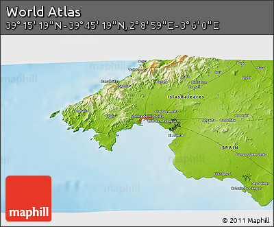 Physical 3D Map of the Area around 39° 30' 19" N, 2° 37' 30" E