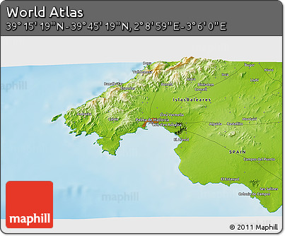 Physical 3D Map of the Area around 39° 30' 19" N, 2° 37' 30" E