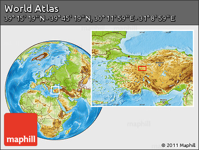 Physical Location Map of the Area around 39° 30' 19" N, 30° 40' 29" E