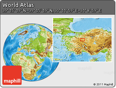 Physical Location Map of the Area around 39° 30' 19" N, 30° 40' 29" E