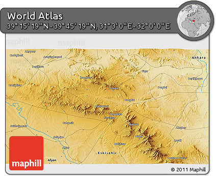 Physical 3D Map of the Area around 39° 30' 19" N, 31° 31' 29" E