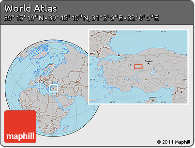 Gray Location Map of the Area around 39° 30' 19" N, 31° 31' 29" E