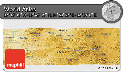 Physical Panoramic Map of the Area around 39° 30' 19" N, 32° 22' 30" E