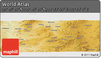 Physical Panoramic Map of the Area around 39° 30' 19" N, 32° 22' 30" E