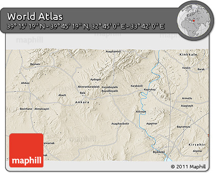Shaded Relief 3D Map of the Area around 39° 30' 19" N, 33° 13' 30" E