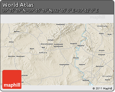 Shaded Relief 3D Map of the Area around 39° 30' 19" N, 33° 13' 30" E
