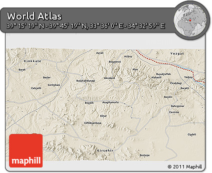 Shaded Relief 3D Map of the Area around 39° 30' 19" N, 34° 4' 30" E