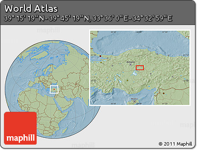 Savanna Style Location Map of the Area around 39° 30' 19" N, 34° 4' 30" E, hill shading