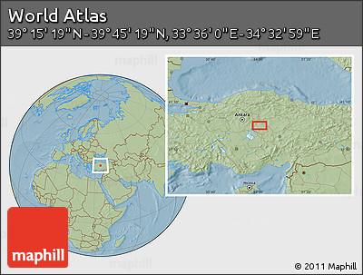 Savanna Style Location Map of the Area around 39° 30' 19" N, 34° 4' 30" E, hill shading