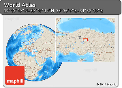 Shaded Relief Location Map of the Area around 39° 30' 19" N, 34° 4' 30" E