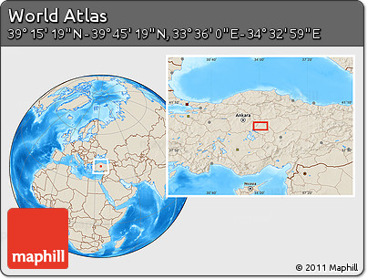 Shaded Relief Location Map of the Area around 39° 30' 19" N, 34° 4' 30" E