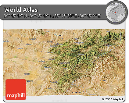 Satellite 3D Map of the Area around 39° 30' 19" N, 35° 46' 29" E