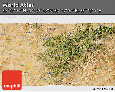 Satellite 3D Map of the Area around 39° 30' 19" N, 35° 46' 29" E
