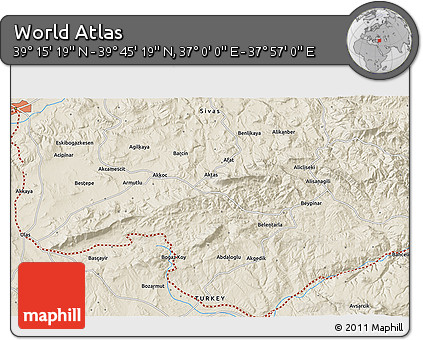Shaded Relief 3D Map of the Area around 39° 30' 19" N, 37° 28' 30" E