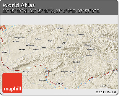 Shaded Relief 3D Map of the Area around 39° 30' 19" N, 37° 28' 30" E