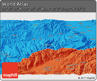 Political 3D Map of the Area around 39° 30' 19" N, 39° 10' 29" E