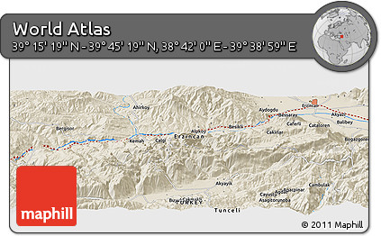 Shaded Relief Panoramic Map of the Area around 39° 30' 19" N, 39° 10' 29" E