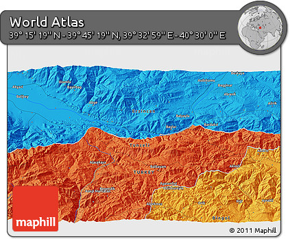 Political 3D Map of the Area around 39° 30' 19" N, 40° 1' 29" E