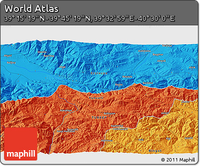 Political 3D Map of the Area around 39° 30' 19" N, 40° 1' 29" E
