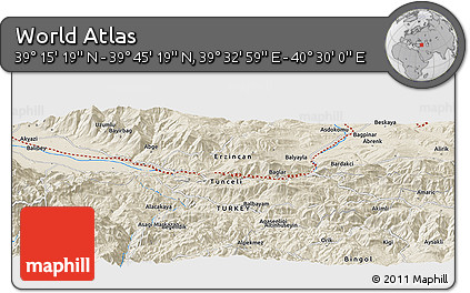 Shaded Relief Panoramic Map of the Area around 39° 30' 19" N, 40° 1' 29" E