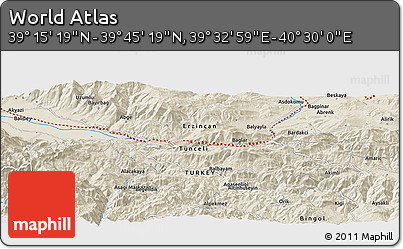 Shaded Relief Panoramic Map of the Area around 39° 30' 19" N, 40° 1' 29" E