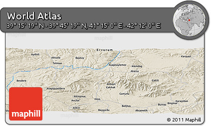 Shaded Relief Panoramic Map of the Area around 39° 30' 19" N, 41° 43' 30" E