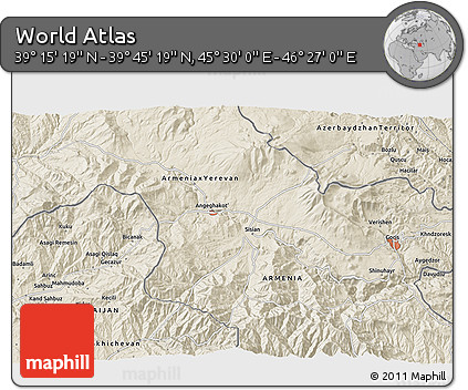 Shaded Relief 3D Map of the Area around 39° 30' 19" N, 45° 58' 30" E