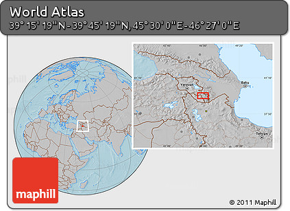 Gray Location Map of the Area around 39° 30' 19" N, 45° 58' 30" E, hill shading