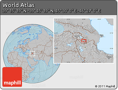 Gray Location Map of the Area around 39° 30' 19" N, 45° 58' 30" E, hill shading