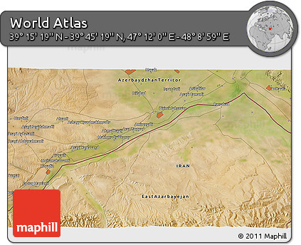 Satellite 3D Map of the Area around 39° 30' 19" N, 47° 40' 29" E