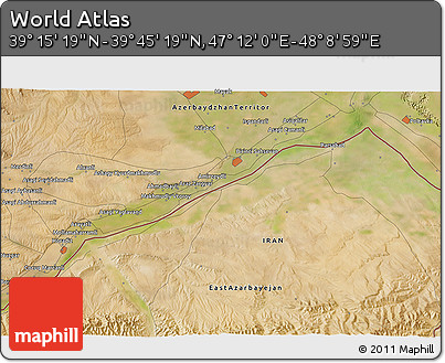 Satellite 3D Map of the Area around 39° 30' 19" N, 47° 40' 29" E