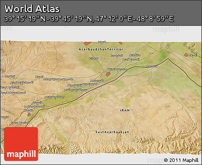 Satellite 3D Map of the Area around 39° 30' 19" N, 47° 40' 29" E