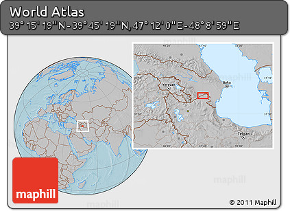 Gray Location Map of the Area around 39° 30' 19" N, 47° 40' 29" E, hill shading
