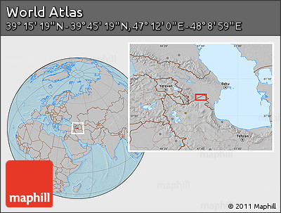 Gray Location Map of the Area around 39° 30' 19" N, 47° 40' 29" E, hill shading