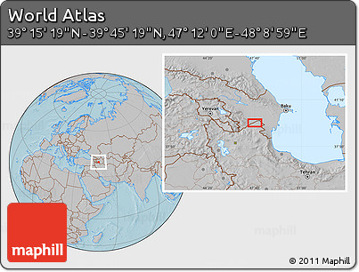 Gray Location Map of the Area around 39° 30' 19" N, 47° 40' 29" E, hill shading