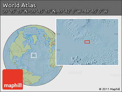 Savanna Style Location Map of the Area around 39° 30' 19" N, 49° 13' 30" W, hill shading