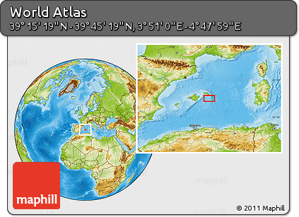 Physical Location Map of the Area around 39° 30' 19" N, 4° 19' 30" E