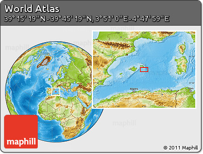 Physical Location Map of the Area around 39° 30' 19" N, 4° 19' 30" E