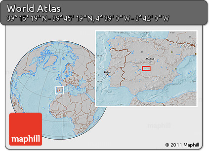 Gray Location Map of the Area around 39° 30' 19" N, 4° 10' 30" W, hill shading