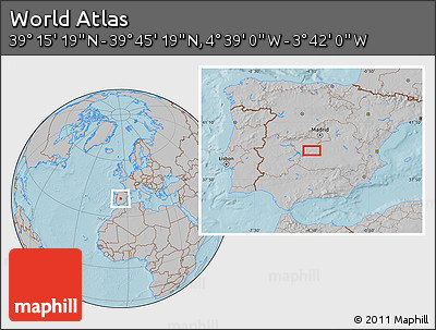Gray Location Map of the Area around 39° 30' 19" N, 4° 10' 30" W, hill shading