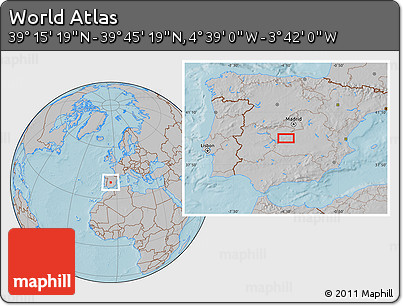 Gray Location Map of the Area around 39° 30' 19" N, 4° 10' 30" W, hill shading