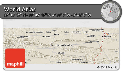 Shaded Relief Panoramic Map of the Area around 39° 30' 19" N, 4° 10' 30" W